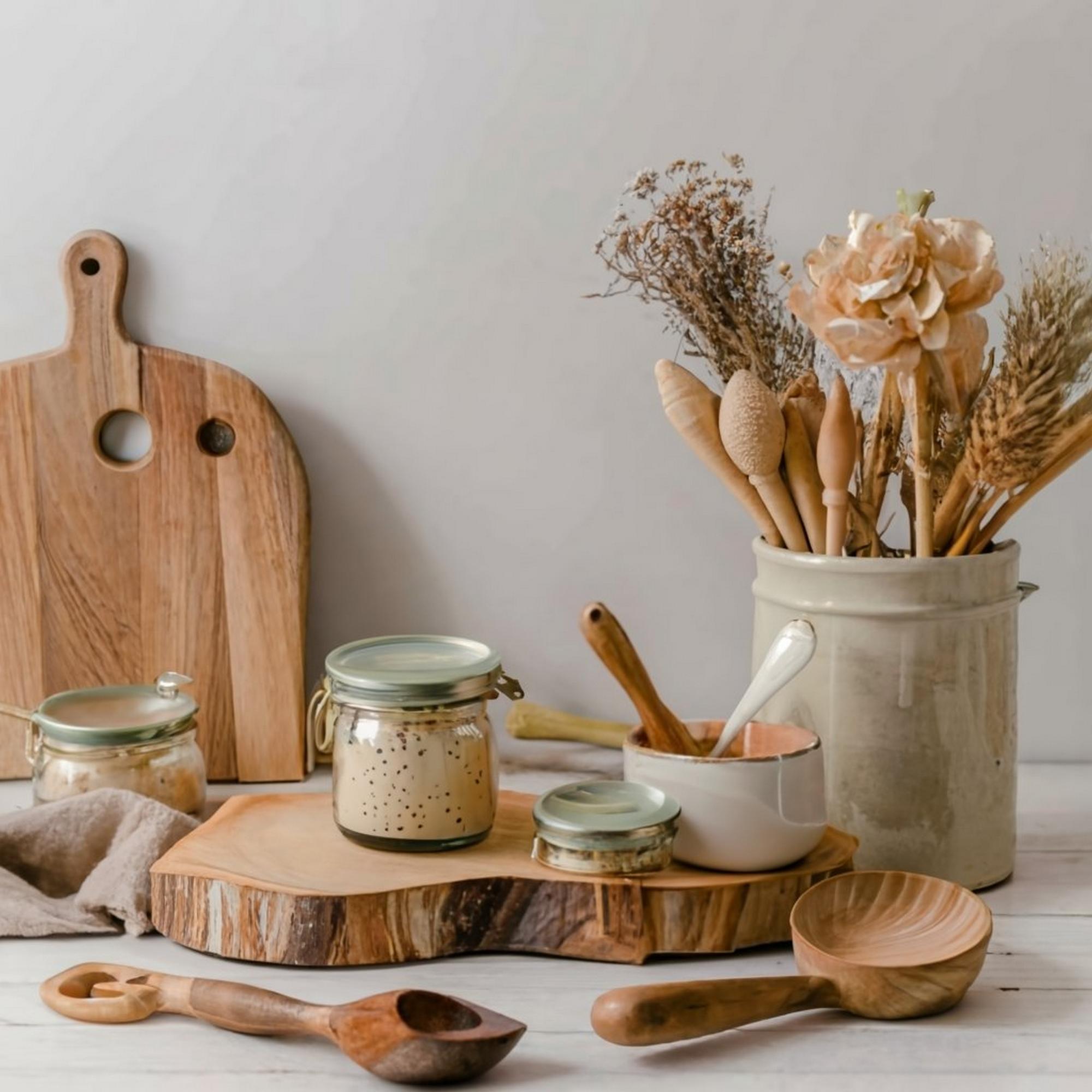 studio kitchen counter with jars and utensils, soft light